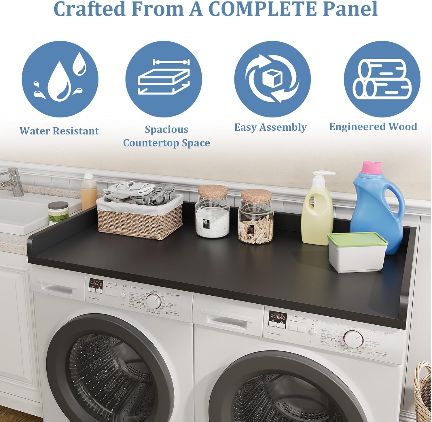 Washer Dryer Countertop, Countertop for Washer Dryer with Non-Slip Mat, Easy to Clean, Washer Dryer Wooden Countertop for Organization, 54″W x 27.5″D x 3.2″H Laundry Countertop(Black)