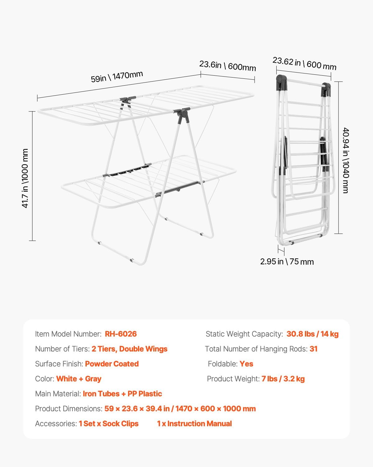 VEVOR Clothes Drying Rack, 2-Tier Foldable Laundry Dryer Rack with Sock Clips & 31 Dry Rods, Metal Height Adjustable Drying Racks for Outdoor & Indoor, Free-Standing & Space-Saving Hanger, White