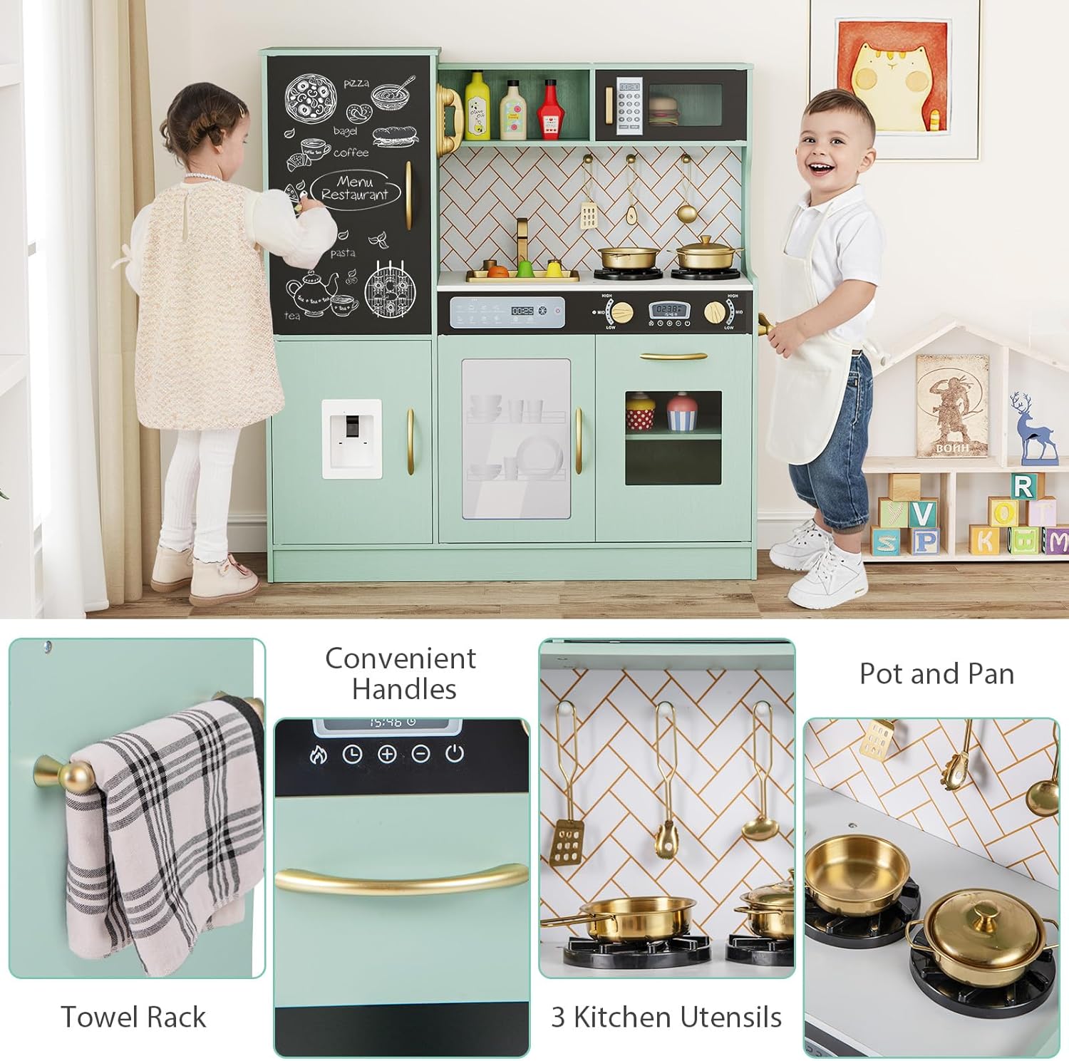 Costzon Kids Kitchen Playset, Large Wooden Chef Cooking Toy Set w/Real Sounds & Lights, Microwave, Blackboard, Oven, Ice Maker, Dishwasher, Play Phone, Utensils, Play Kitchen for Kids Ages 3+ (Green)