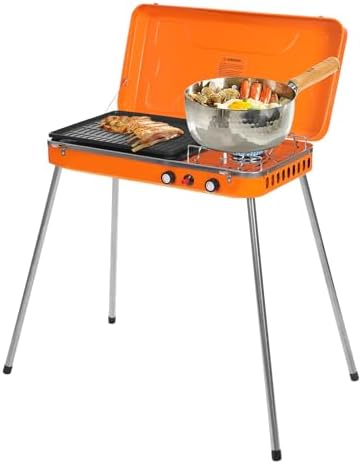 Dual Burner Camping Stove, 5860BTU*2 Portable Outdoor Gas Grill, Propane BBQ Cooker Tabletop Barbecue Stove with Detachable Legs & Windshield for Camping Tailgating Beach Parties and Backyard Cooking