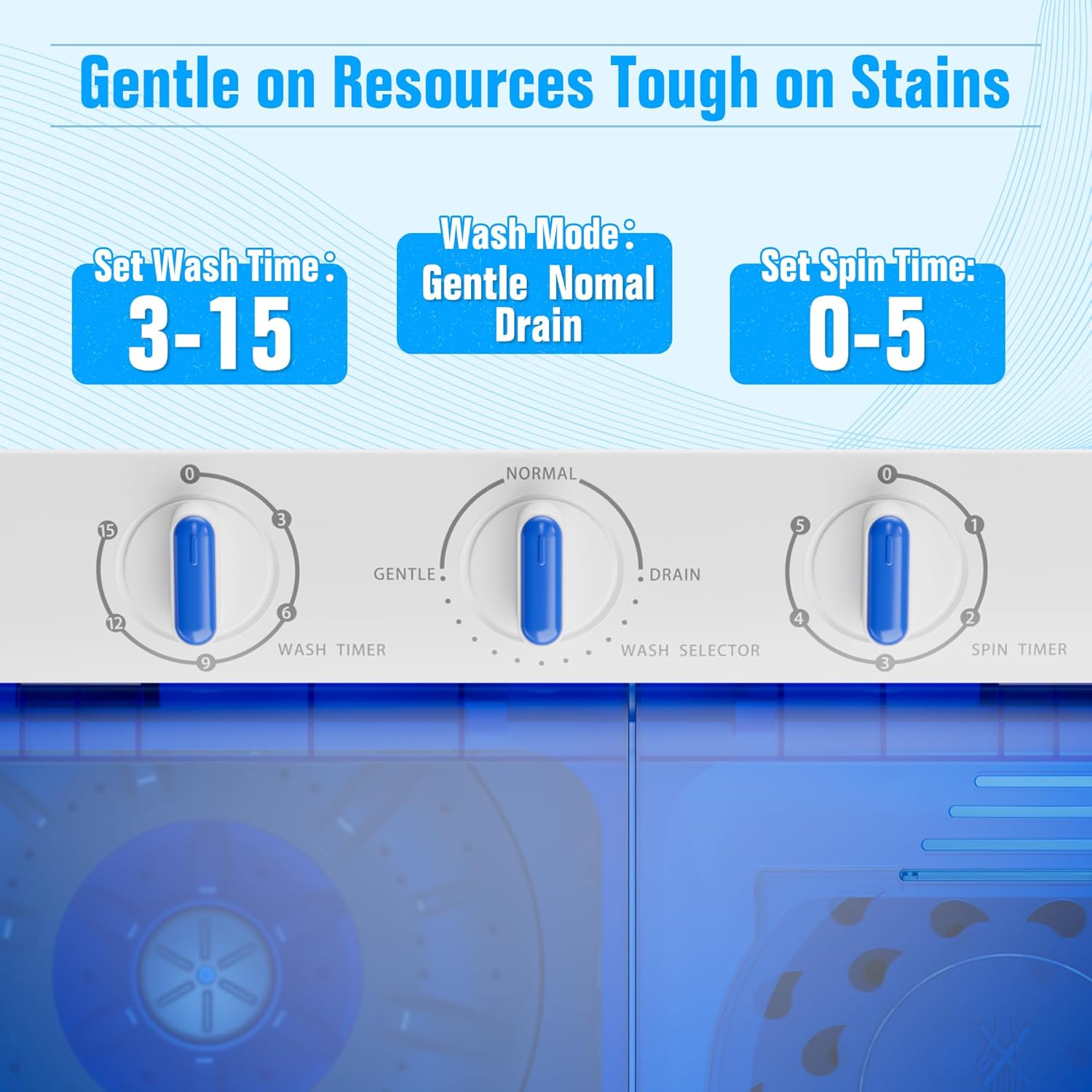 Greenvelly Portable Washing Machine, 28 Lbs Capacity Twin Tub Washing Machine, 18lbs Washer and 10lbs Spinner Combo, Compact Laundry Washer for Apartment,Camping, RVs and Dorms, Blue+White