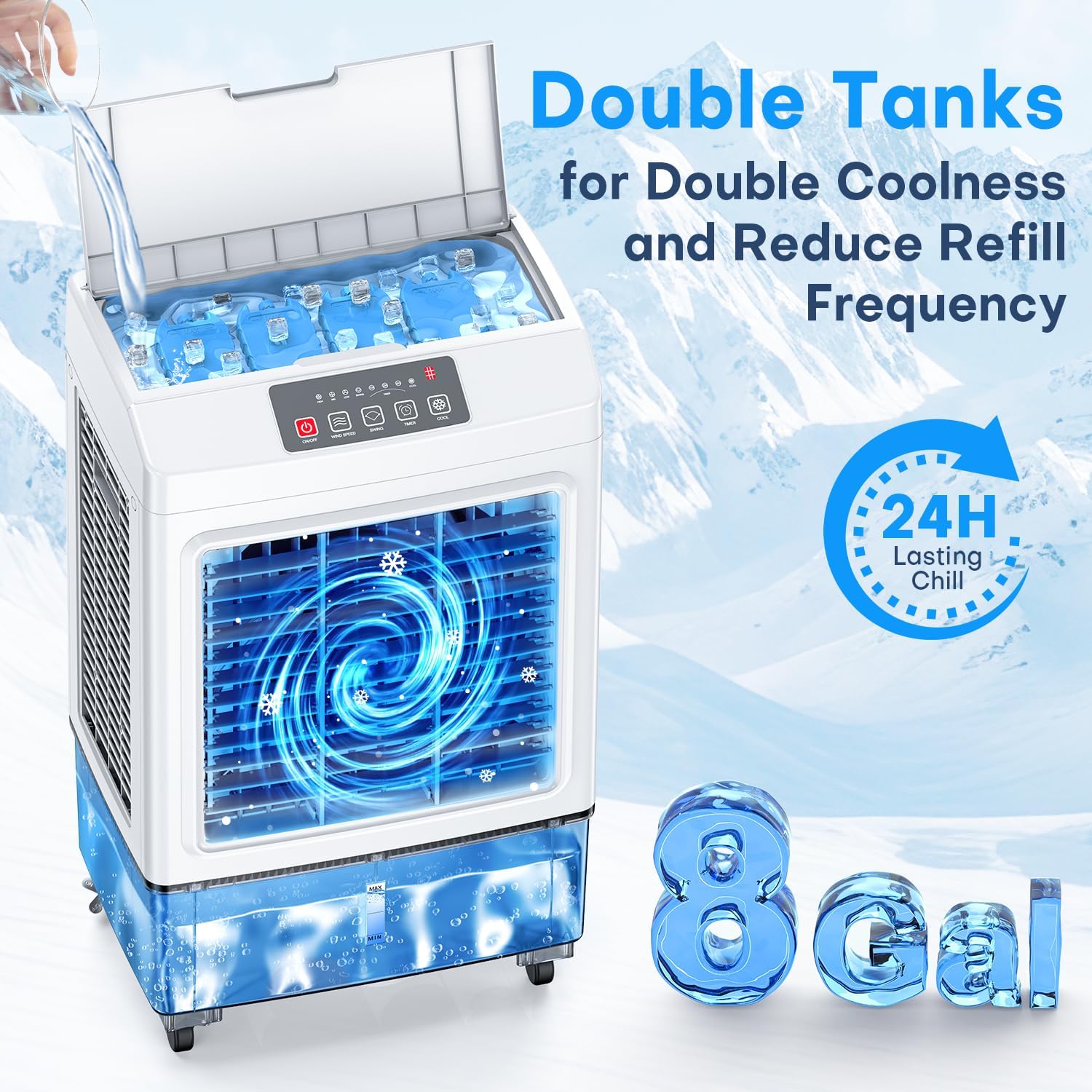 FANCOLE Windowless Air Conditioner, 2100CFM Evaporative Air Cooler with 3 Ice Packs, 700 Sq.ft Swamp Cooler Air Conditioner No Windows Needed w/3Mode & 3Speed, 7H Timer & Remote for Room Garage Patio