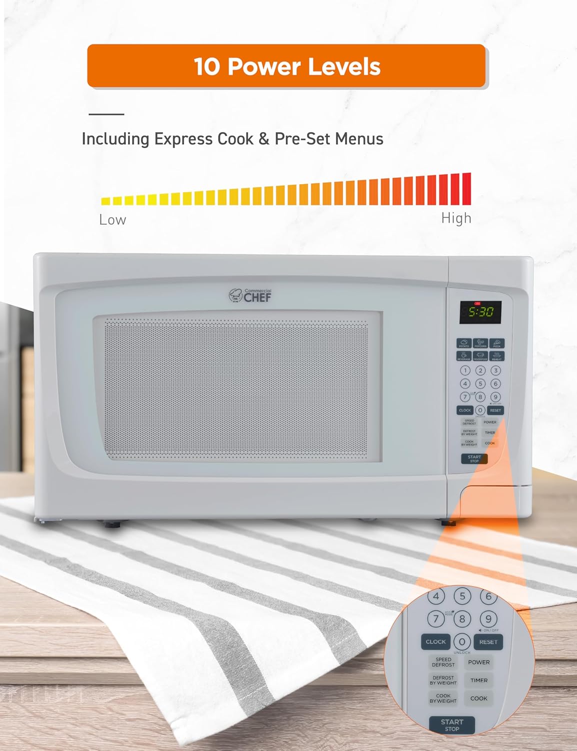 COMMERCIAL CHEF 1.6 Cubic Foot Microwave with 10 Power Levels, Small Microwave with Push Button, 1000 Watt Microwave with Digital Control Panels, Countertop Microwave with Timer, White