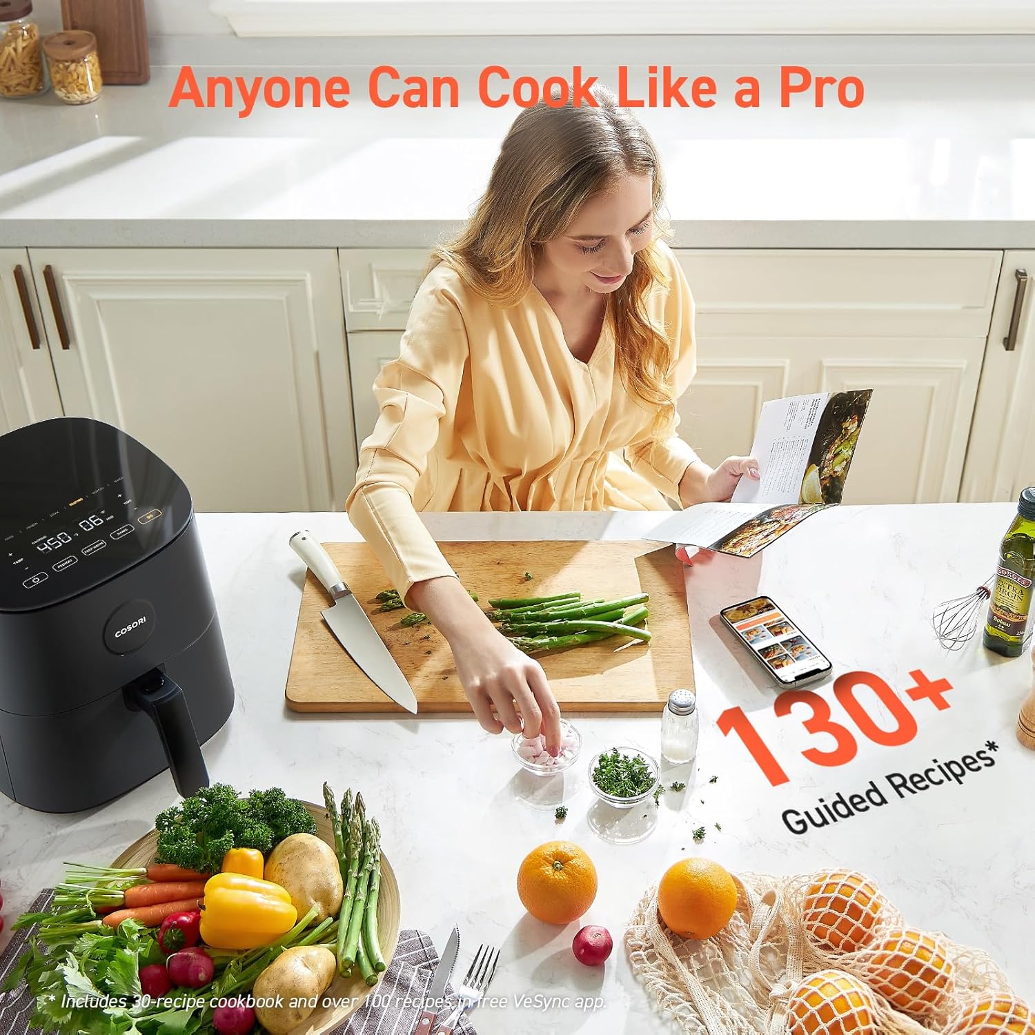COSORI Air Fryer Pro 9-in-1, Compact 5QT, Ceramic Coating, 450℉: Half Time & Chef-Grade Cook, One-Wipe Clean Glass Panel, 130+ In-App Recipes, Nonstick & Dishwasher-Safe Basket, Gray