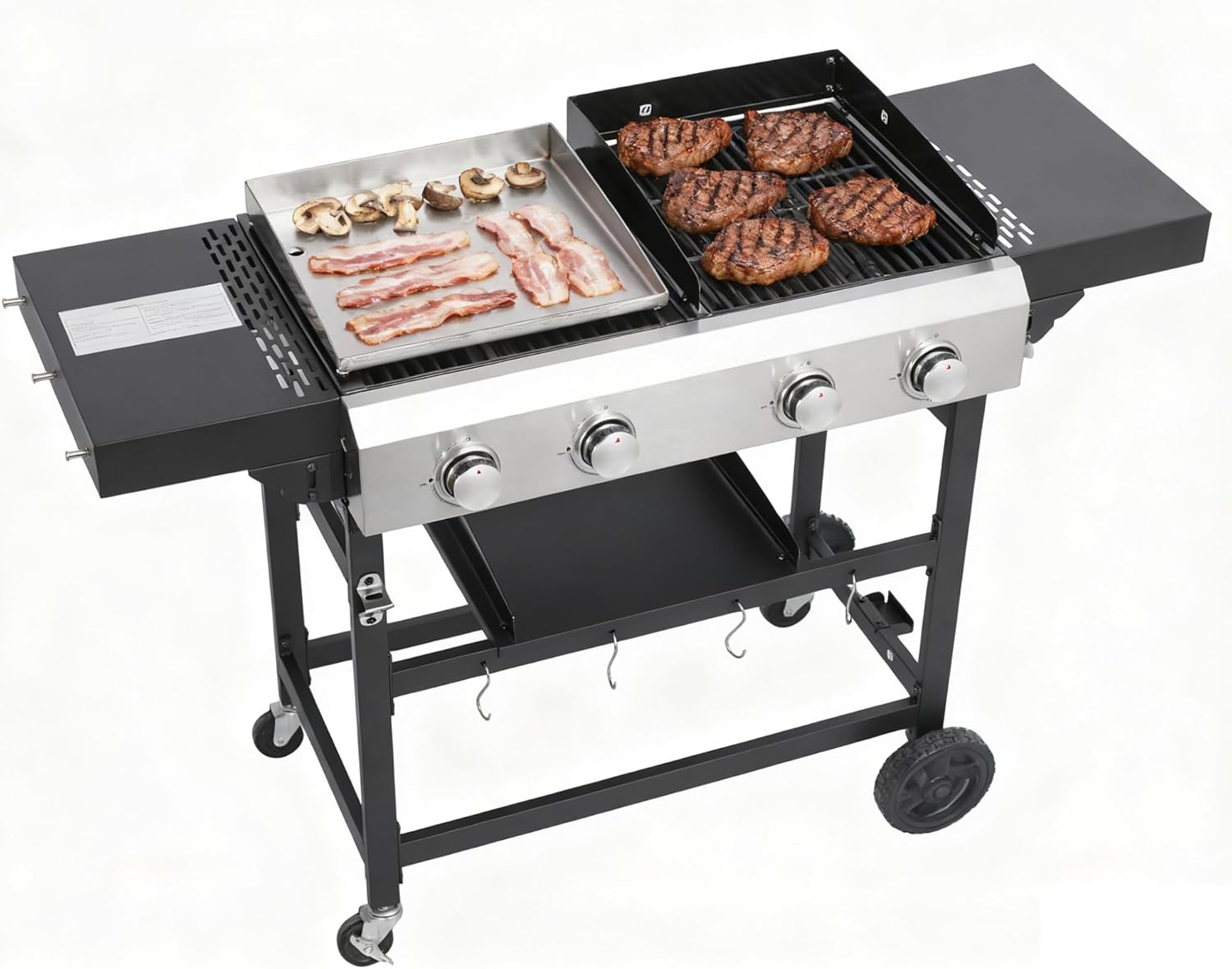 4-Burner Propane Gas BBQ Grill with Stainless Steel Plancha, 38240 BTU Output Stainless Steel Gas Grill w/Cast Iron Grating Mesh, & Foldable Side Table, Hanging Basket for Outdoor & Garden