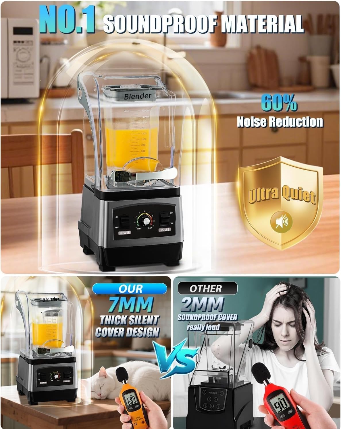 Cold Press Juicer, Commercial Quiet Blender, Soundproof Ice Crushing Blender, 3-Second Quick Ice Crushing with Silent Cover for Puree, Milkshake, Juice, Drink and Ice.(Red)