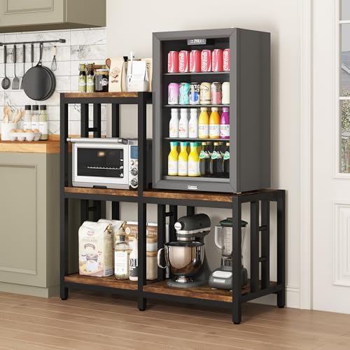 5-Tier Mini Fridge Stand with Storage, Vintage Brown Bakers Rack and Microwave Oven Stand, Kitchen Mini Fridge Cabinet with Shelves, Coffee Bar Organizer for Home, Office, Dorm