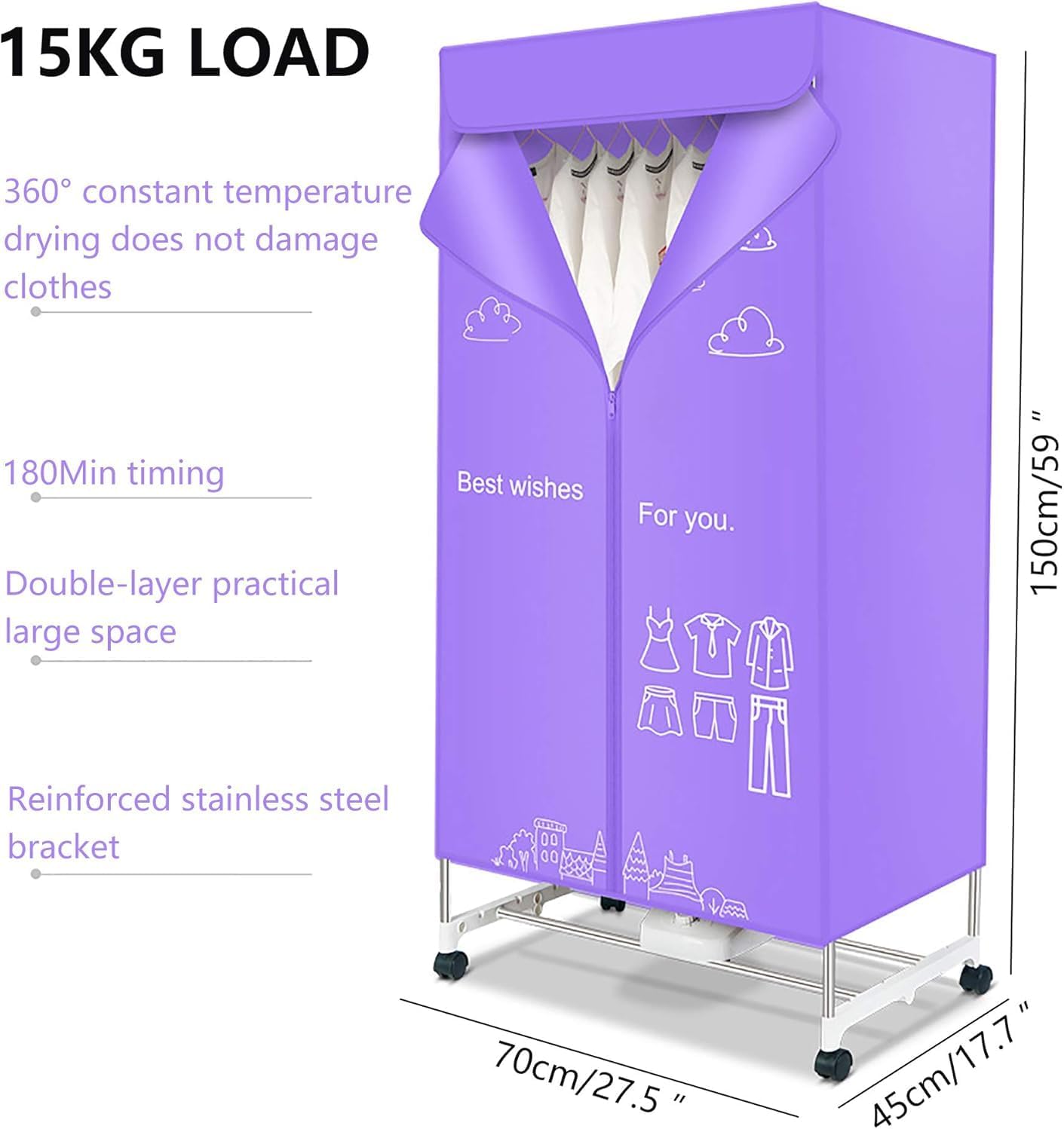 1000W Portable Electric Dryer, Double Layer Stackable Clothes Drying Rack, Rack Cabinet with Automatic Heater with 180 Minute Timer, Wine Red