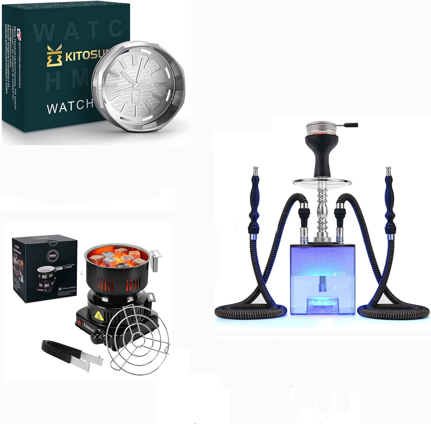 Kitosun Upgraded Hookah Set with Stainless Steel HMD- Durable Faster Coal Burner Coconut Charcoal Starter