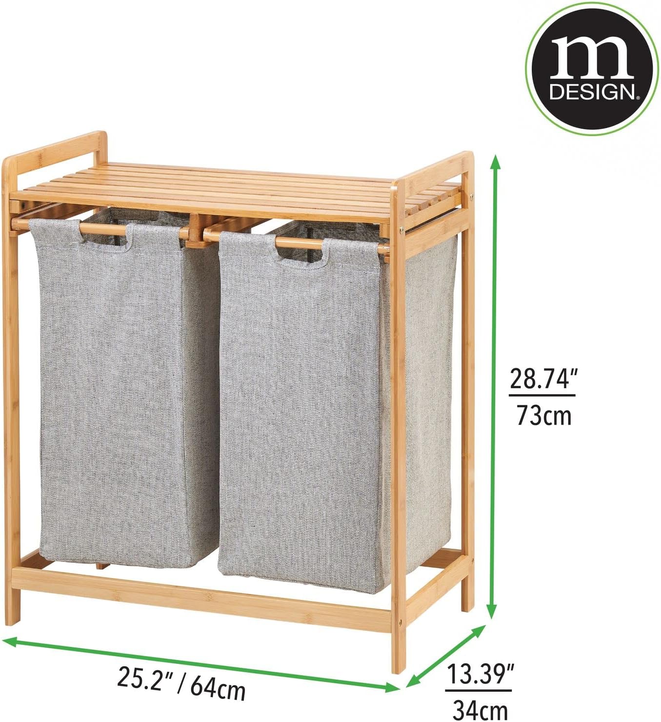 mDesign Freestanding Bamboo 2 Section Double Laundry Organizer Hamper with Removable Storage Sorter Bags, Space-Saving Basket Duo with Handles for Clothes/Linens - Echo Collection - Natural/Tan