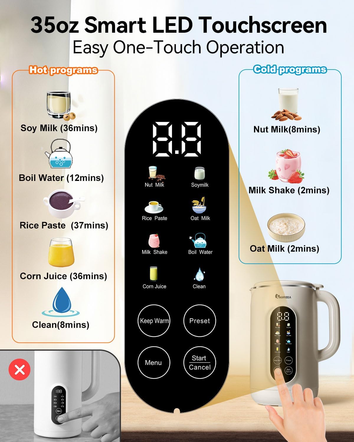 IAGREEA 35oz Nut Milk Maker Machine 304 Stainless Steel Lid BPA Free, 10-in-1 Soy Milk Maker for Homemade Milkshake/Nut/Oat/Plant-Based Drink, 10 Blades Blenders with Delay Start/Boil Water/Self Clean