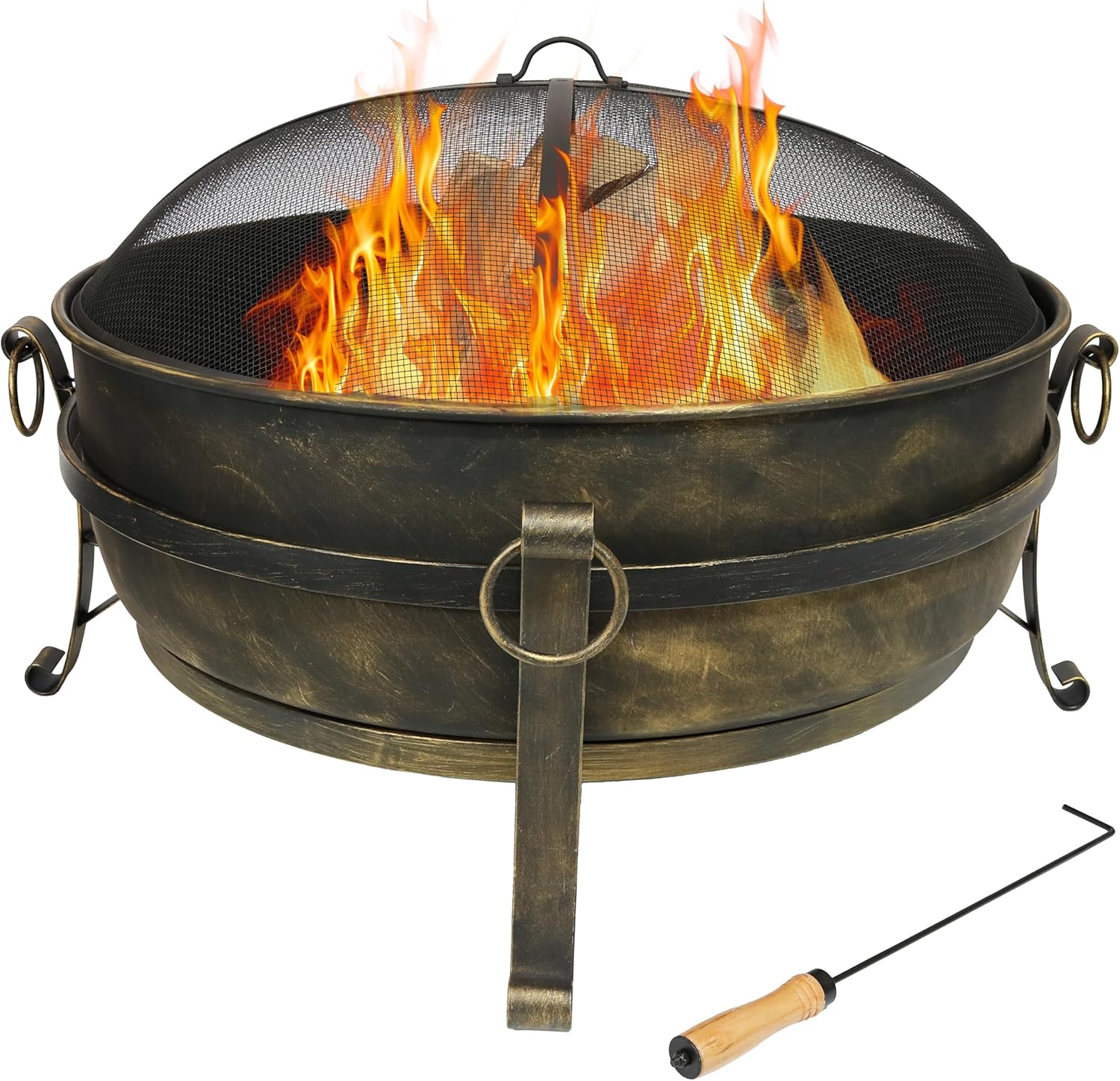 Sunnydaze 34-Inch Large Fire Pit for Outside - Wood-Burning Fire Pit Bowl for Outdoors with Spark Screen, Log Poker, and Grate