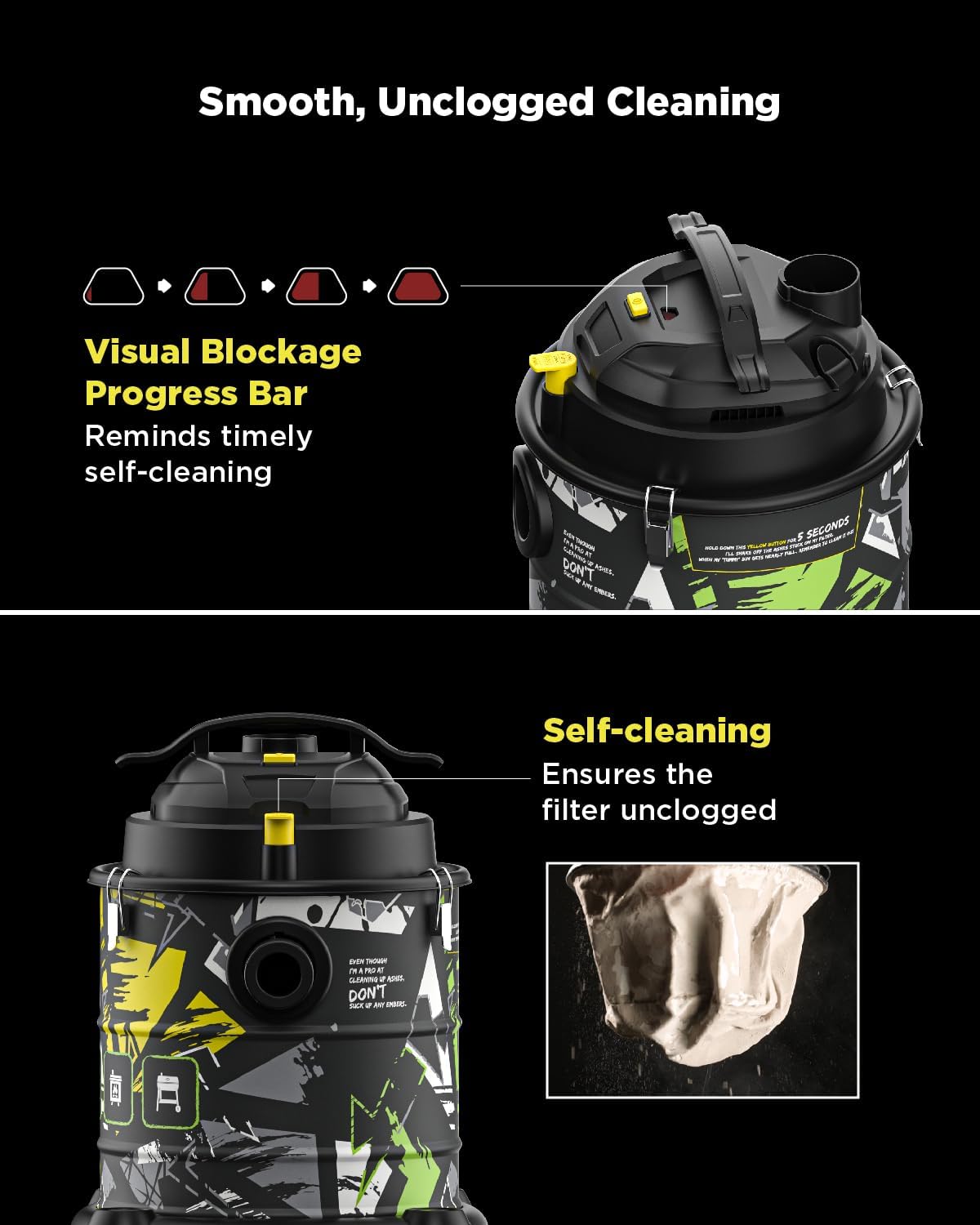 InoKraft Ash Vacuum for Pellet Stoves,Pellet Grill,1200W 5 Gallon, No Clogs, with HEPA & Fiberglass Filters, 6.56ft Hose Ash Vac for Fireplaces, Log Burners