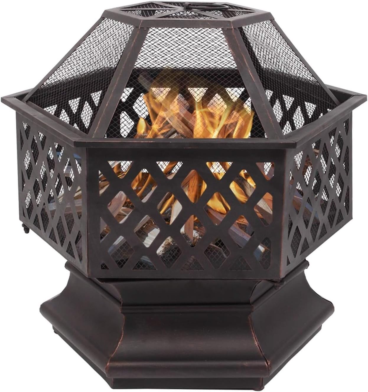 22 Inch Hexagon Steel Fire Pit for Outdoor Wood Burning Portable Fire Bowl with Spark Screen and Poker Deep Bowl Design for Backyard Patio Camping and Garden