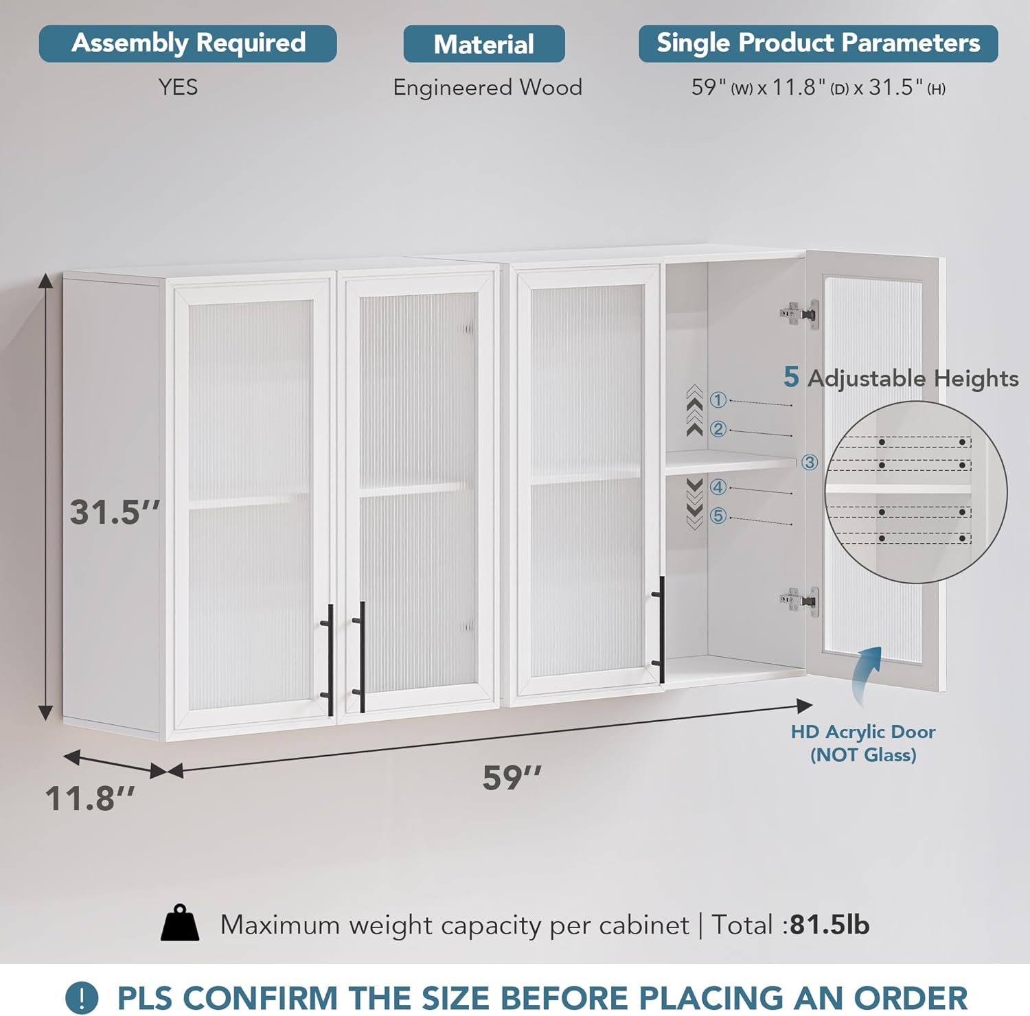 FIMELLO 59’’ Wall Cabinets for Laundry Room, Wall Cabinet with Acrylic Glass Doors and Shelf, Bathroom Wall Cabinet, Hanging Cabinet for Kitchen, Bathroom, Laundry Room Cabinets, White