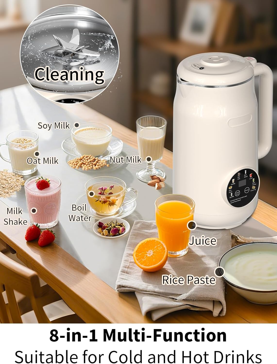 8 in 1 Nut Milk Maker Machine, 50oz Automatic Soy Milk Maker with 10 Blades, Blender for Plant Based Milk, Oat, Almond, Juice, Rice Paste &More with Delay Start, Keep Warm, Boil Water, Self Cleaning