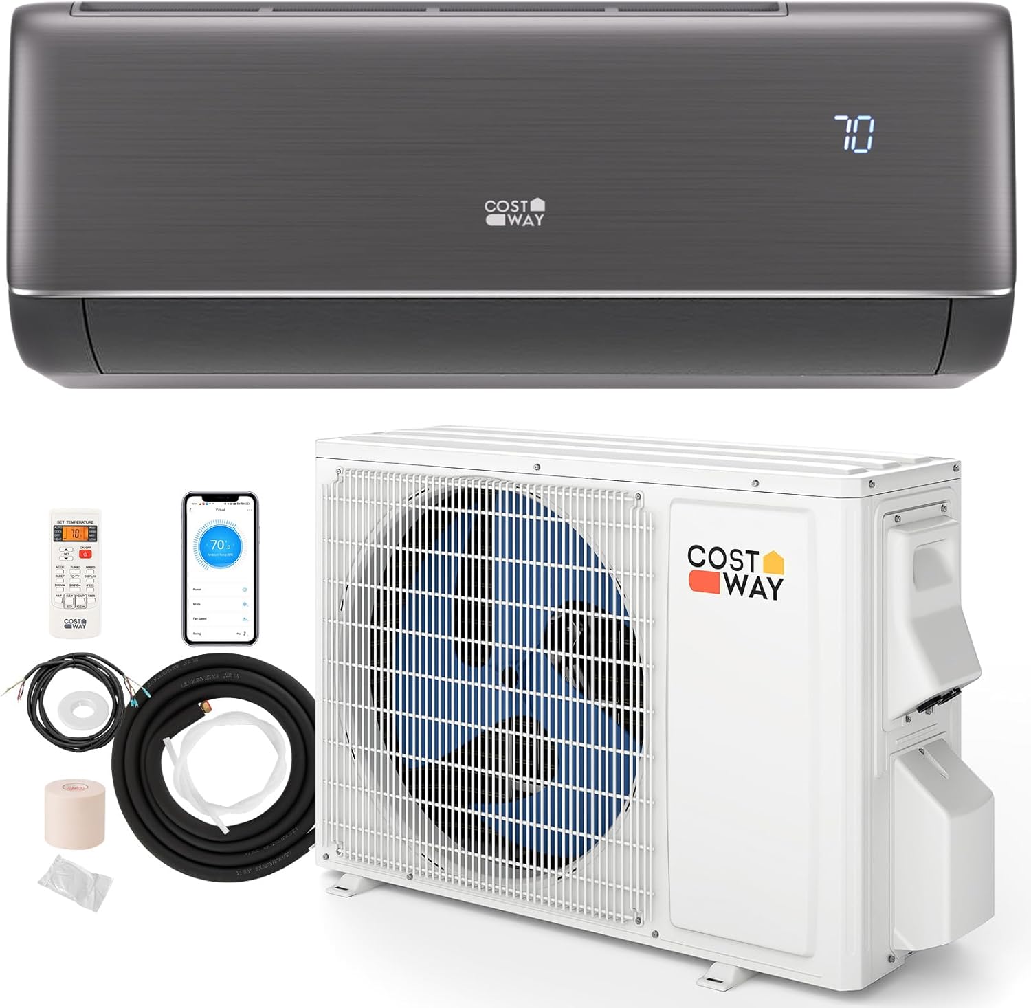 COSTWAY 12000BTU Mini Split Air Conditioner& Heater, 22 SEER2 115V Inverter Heater Pump System Cools Up to 450 Sq. Ft, Compatible with Alexa, Installation Kit (12000BTU, 115V, 22 SEER2)