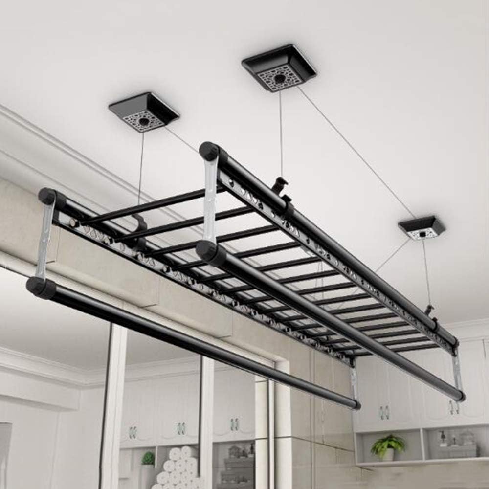 150cm Aluminum Alloy Ceiling Dryer Drying Rack,4-Bar Household Airer Pulley Laundry Clothesline,Space Saving Clothes Drying Solution (Black Color)