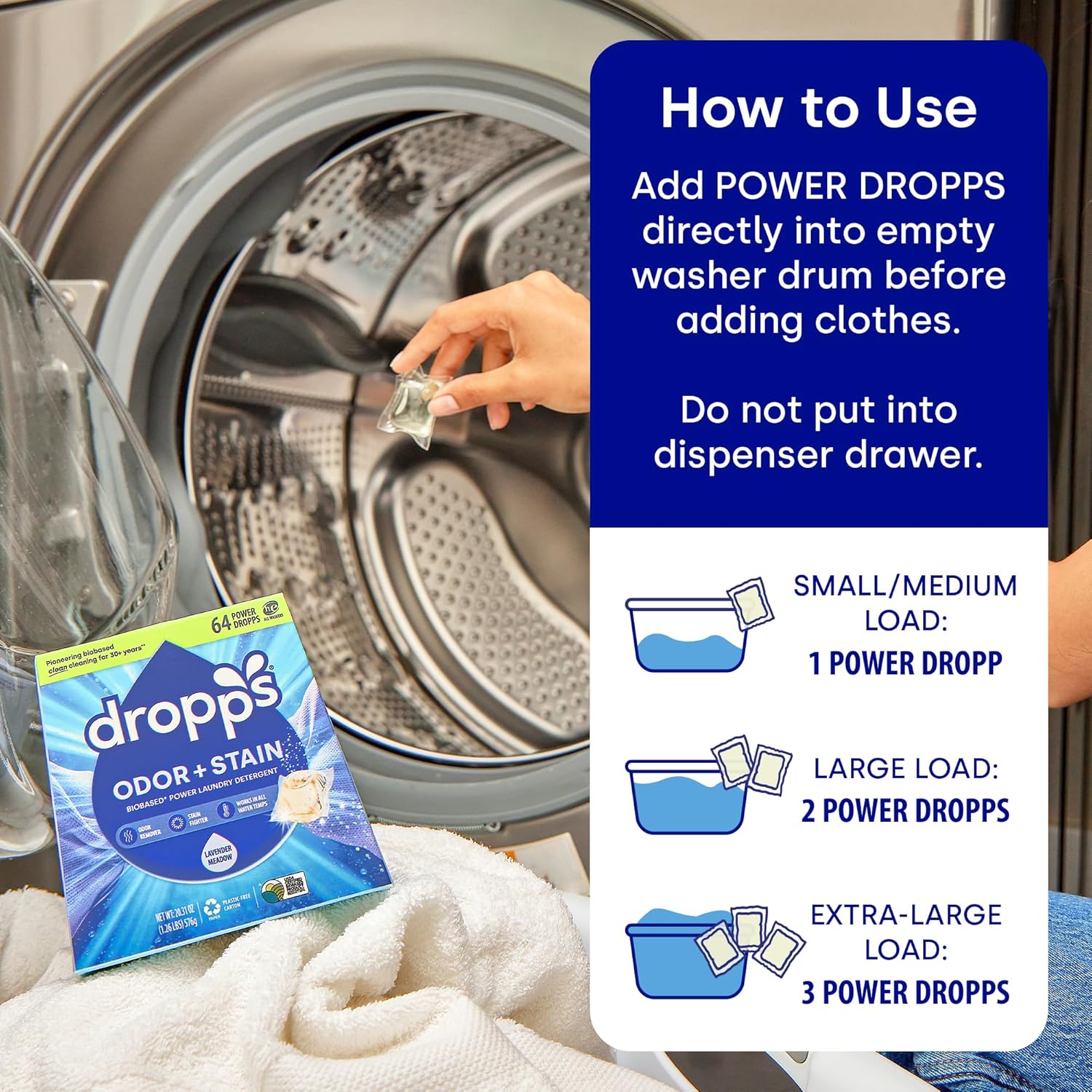 Dropps Odor & Stain Biobased Power Laundry Detergent Pods, Lavender Meadow (32 Count) - HE Compatible Laundry Pods for Fresh Clothes - Washing Detergent Soap Supplies & Recyclable Packaging