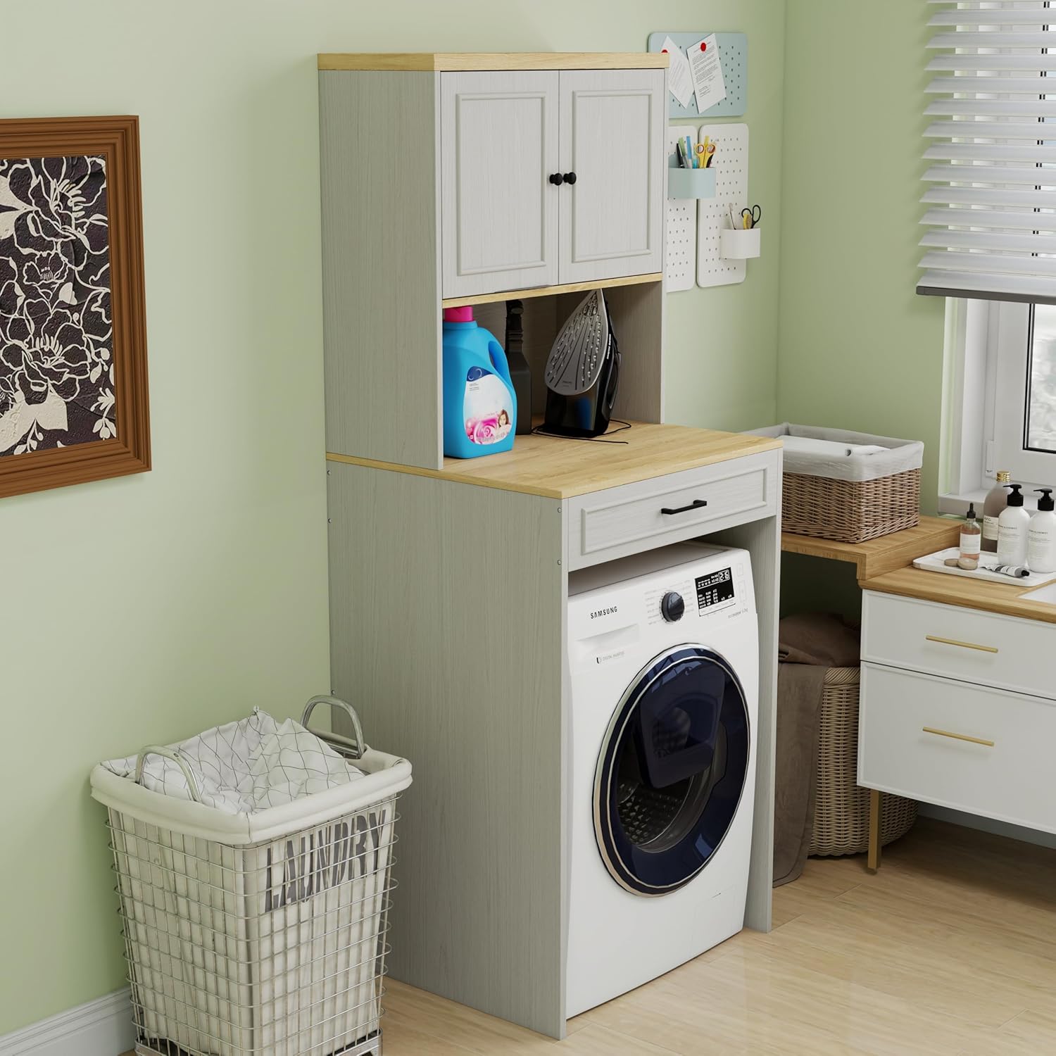 Over-Washer & Dryer Storage Cabinet - Features Fake Drawer Design,Adjustable Shelf,Wide Tabletop, and Anti-Tip Safety -Laundry Room Organizer for Space-Saving Storage Above Appliances