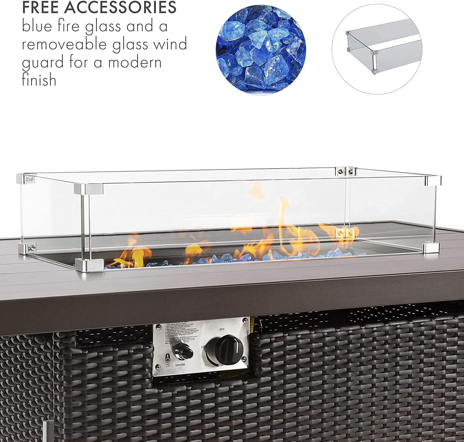 52 inch Outdoor Propane Fire Pit Table 50,000 BTU Patio Firepit Outdoor,Rectangle Fire Table with Lid, Aluminum Tabletop, Rattan Wicker, Auto-Ignition, Wind Guard (Brown)