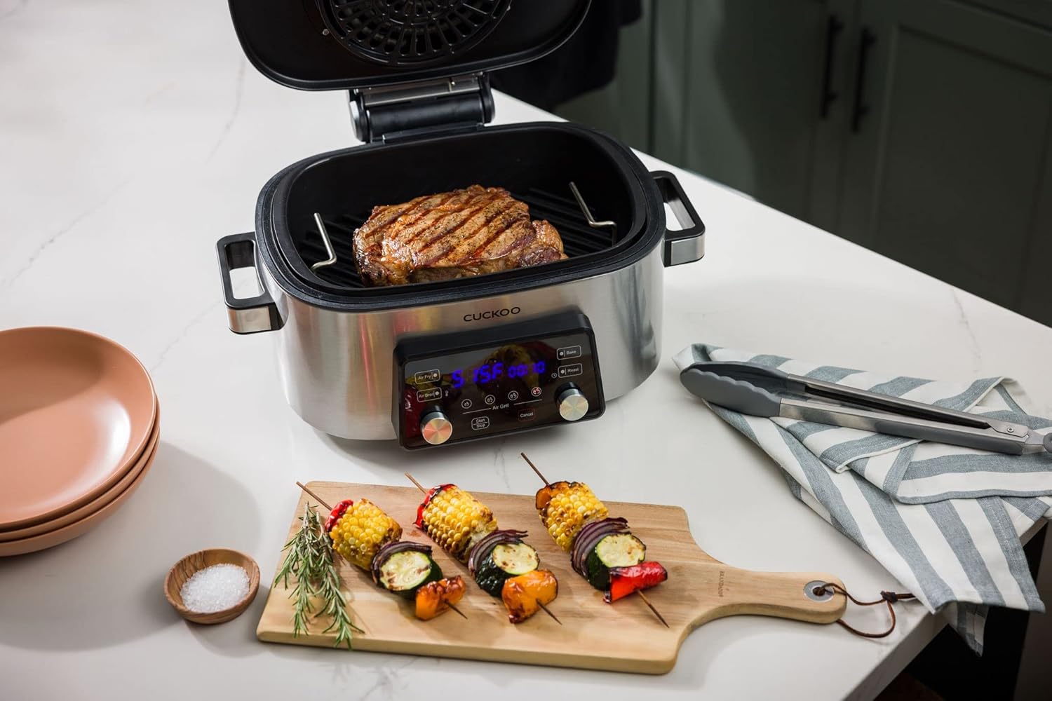 CUCKOO CAFG-A0601S Countertop Air Grill | Air Grill, Air Fry, Roast, Bake & Broil, Easy to Clean, Dishwasher Safe Accessories, Recipe Book Included, Stainless Steel