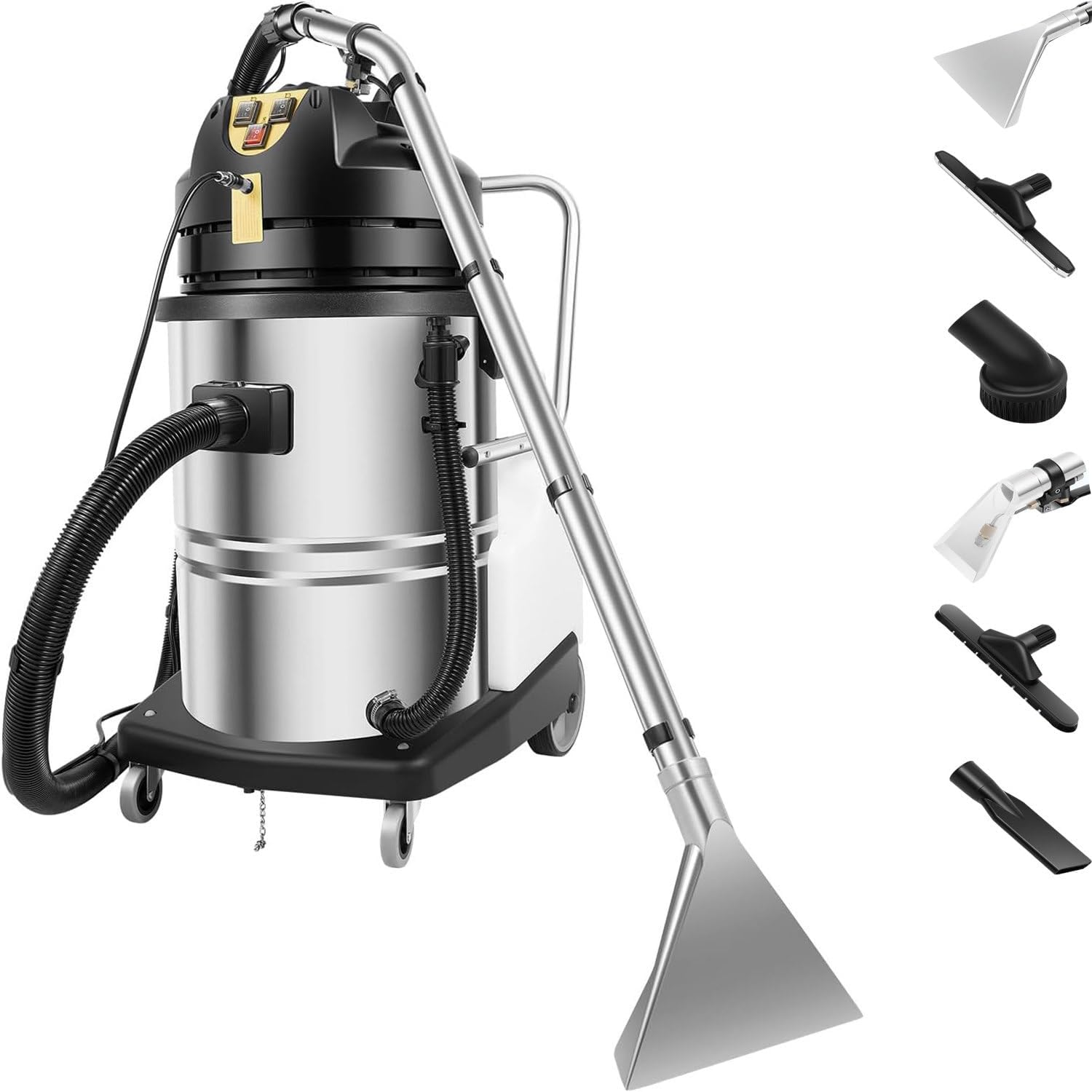 60L Commercial Carpet Cleaning Machine,2-in-1 Wet Dry Vacuum Cleaner for Carpet/Floor/Auto Detailing,Stainless Steel Shampooer,Professional Carpet Cleaning Machine with 6 Suction Tools