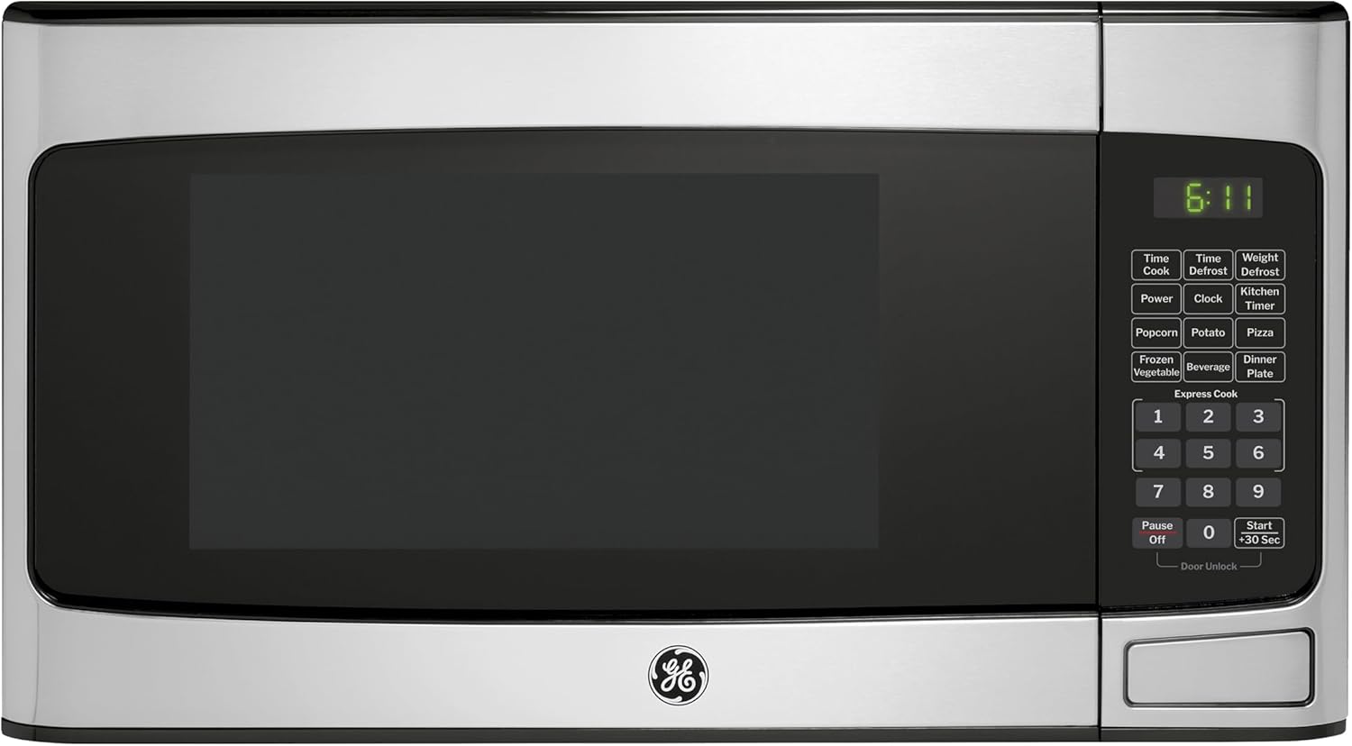 GE Compact Countertop Microwave Oven, 1.1 Cubic Ft., 950w Capacity, 6 Auto Cook Settings, Child-Lock Technology, Dorm Room, Apartment, Stainless Steel