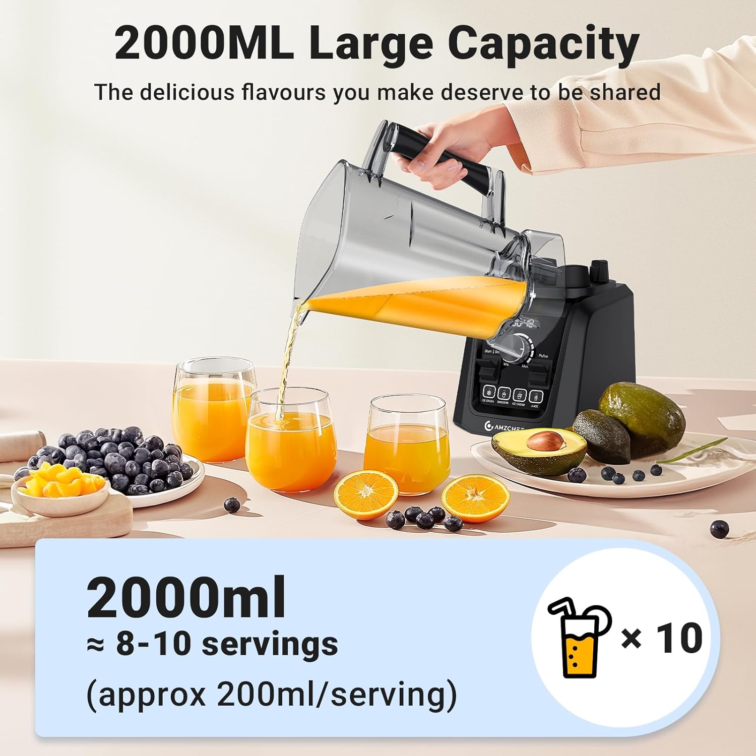 AMZCHEF Professional Blenders for Kitchen, 1800 W Smoothie Blender with Infinitely Variable Speed and 5 Functions, 68 oz Blender for Smoothies, Puree, Ice Crush, Ice Cream, Soup, Juice, Black