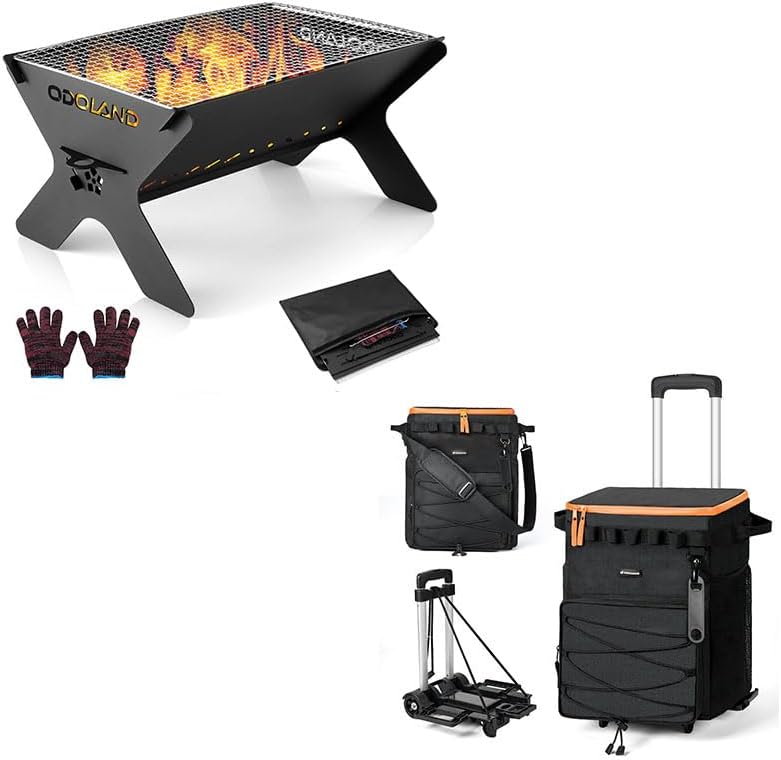 Odoland Bundle - 2 Items Camping Campfire Grill and 48 Cans Soft Cooler with Wheels and Handle