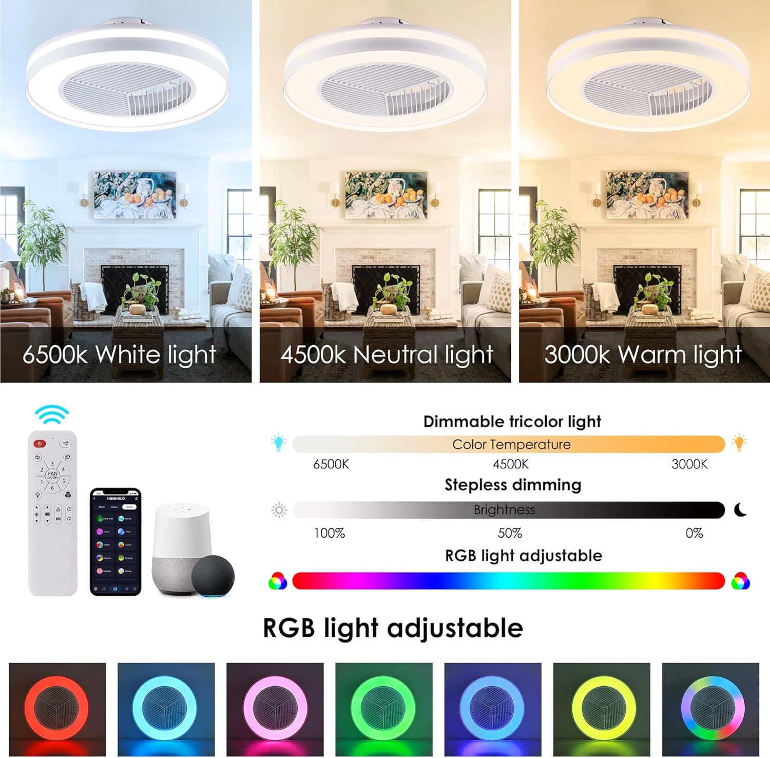 Smart Low Profle Ceiling Fans with RGB Lights Remote/APP/Voice Control, 20