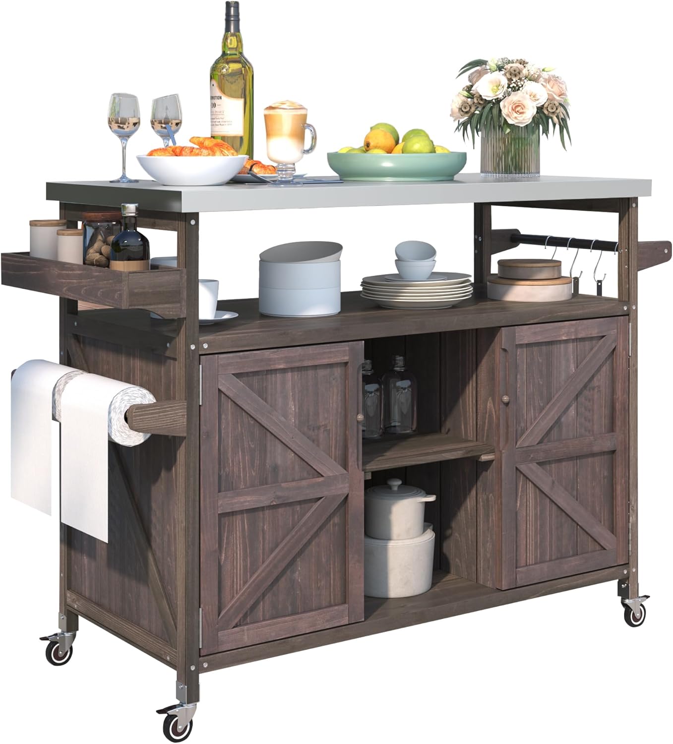 LUMISOL Farmhouse Grill Table with Stainless Steel Top, Outdoor Rolling Bar Cart & Storage Cabinet with Spice & Towel Rack, Outdoor Solid Wood Kitchen Island with Internal Storage Rack, Dark Brown