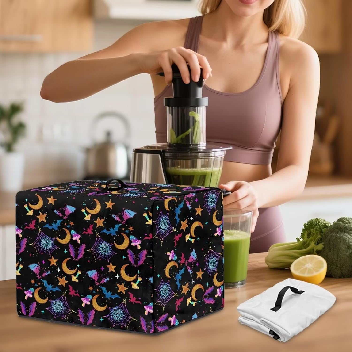 Halloween Bat Moon Blender Dust Cover for Kitchen – Stylish Juicer Cover with Floral Prints, Fits Most Blenders & Stand Mixers, Easy to Clean & Foldable, Home Decor