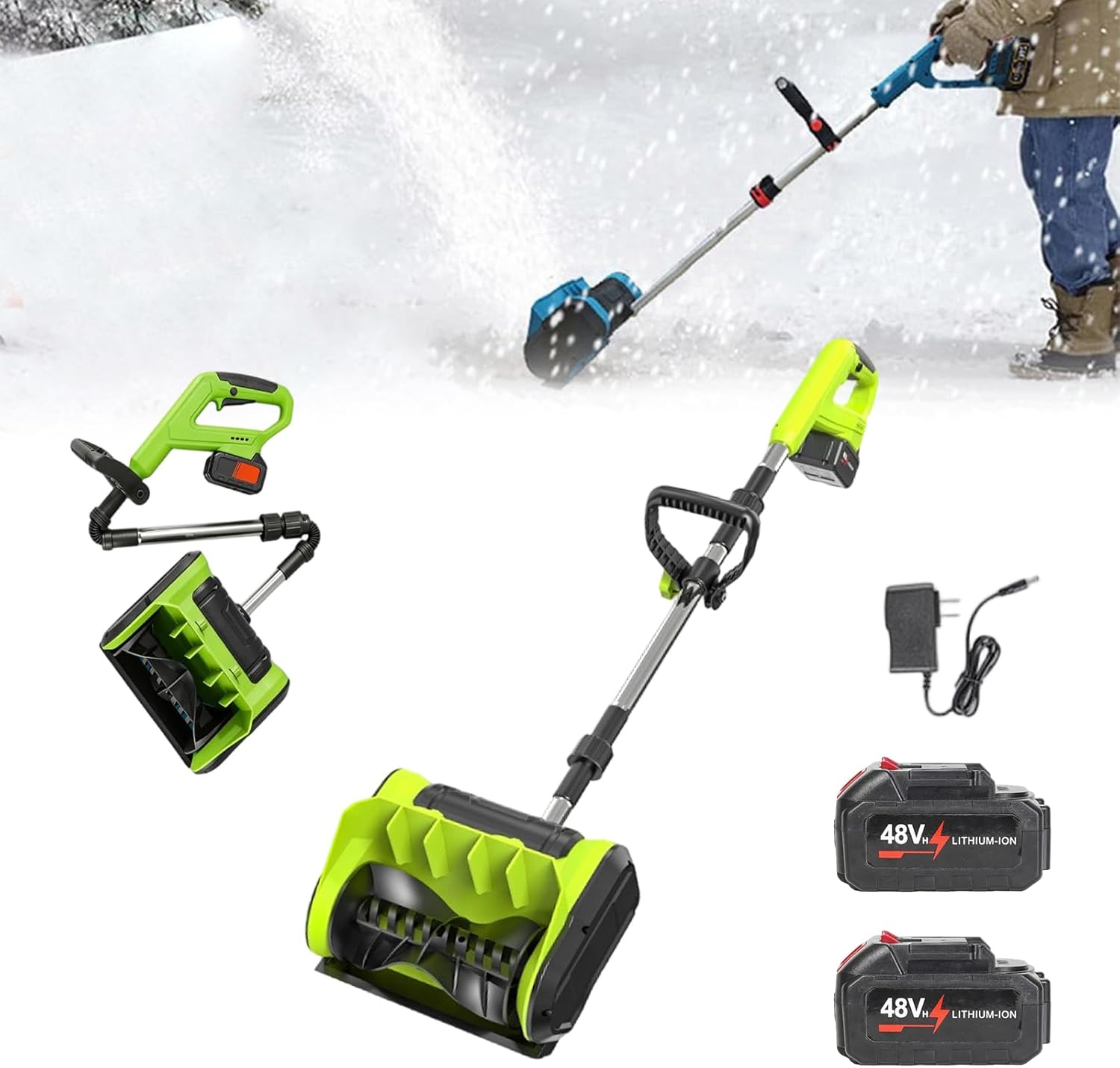 Electric Snow Blower Shovel for Snow Removal, Cordless/Foldable / 26ft Throwing Distance / 48V/96V Battery Powered, for Driveway, Sidewalk, Walkway, Deck & Patio (Green, +48V+48V)